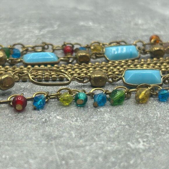 Vintage Brass Gold Tone Blue Beaded Rhinestones Chain Bracelet - Picture 11 of 14